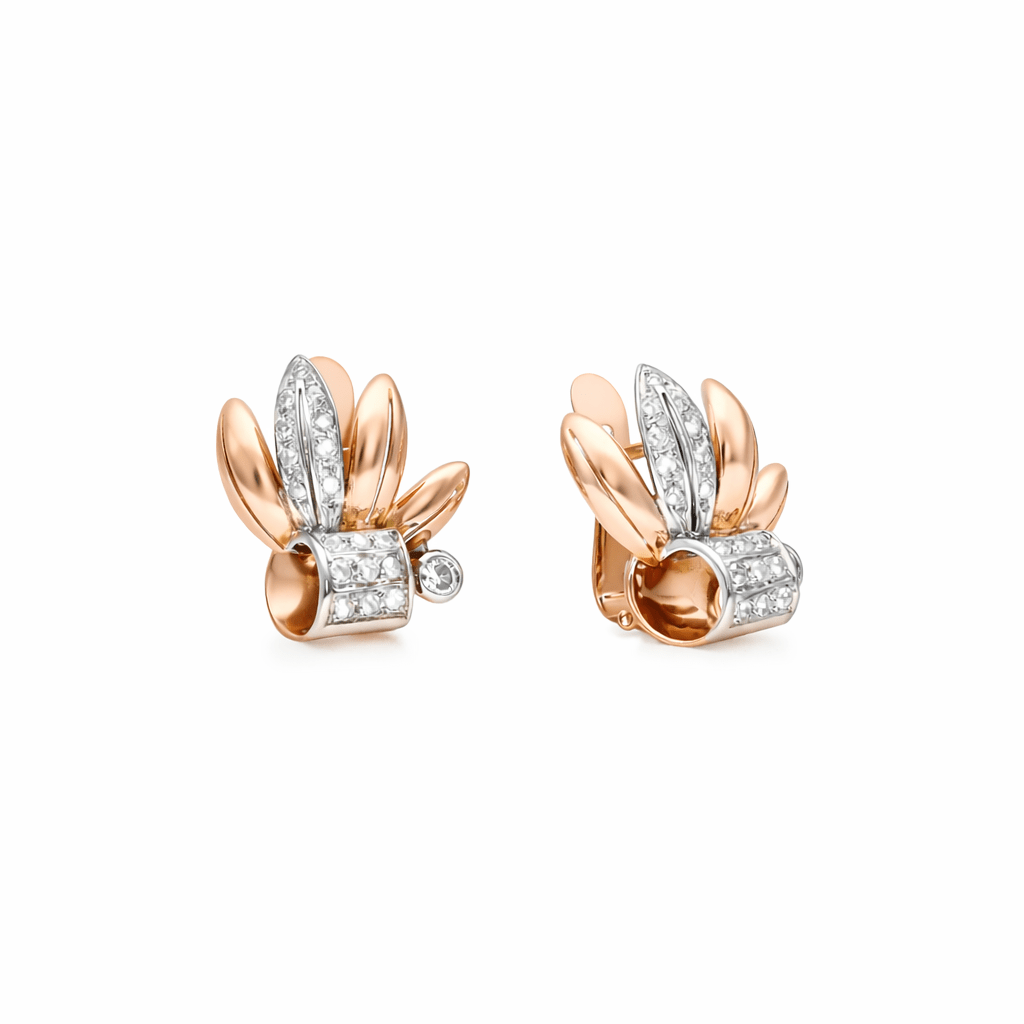 Brincos Flor em Ouro Amarelo e Ouro Branco de 19kl com Diamantes - Loja do Ouro