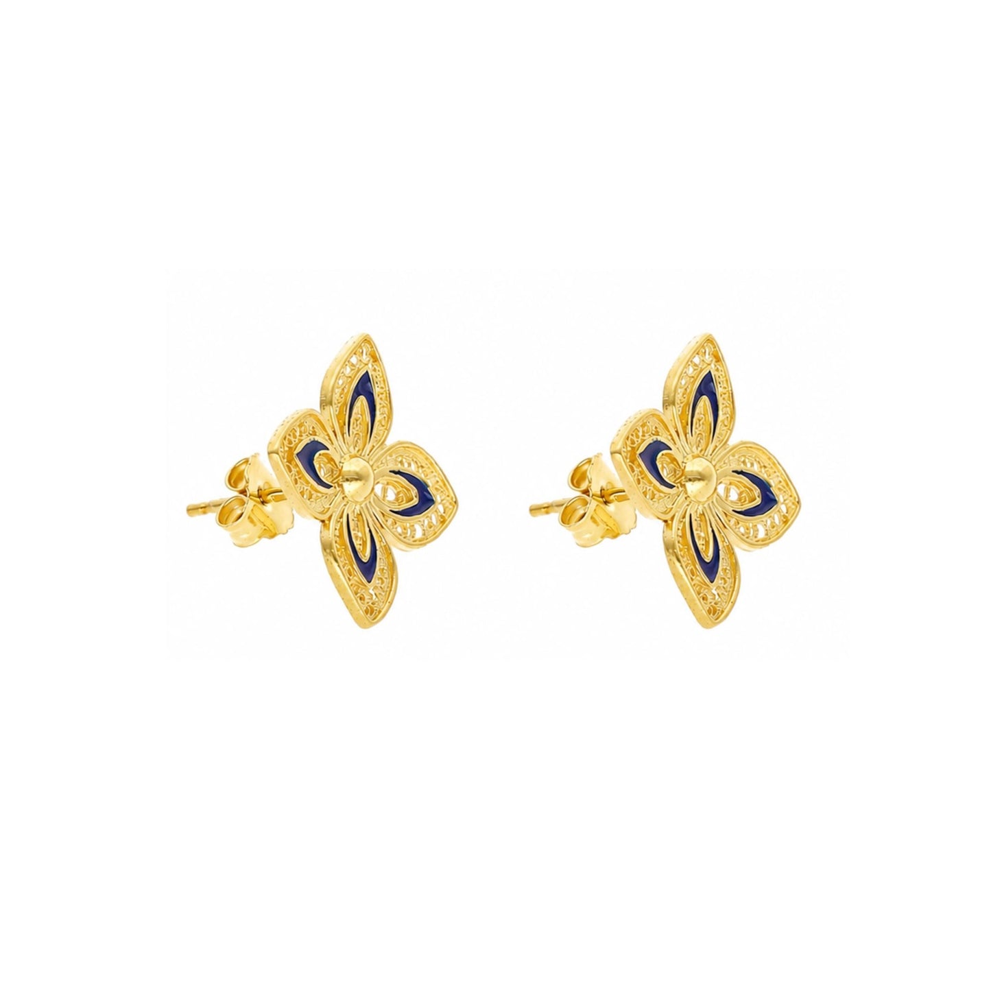 Brincos Flor em Prata Dourada e Esmalte Azul - Loja do Ouro