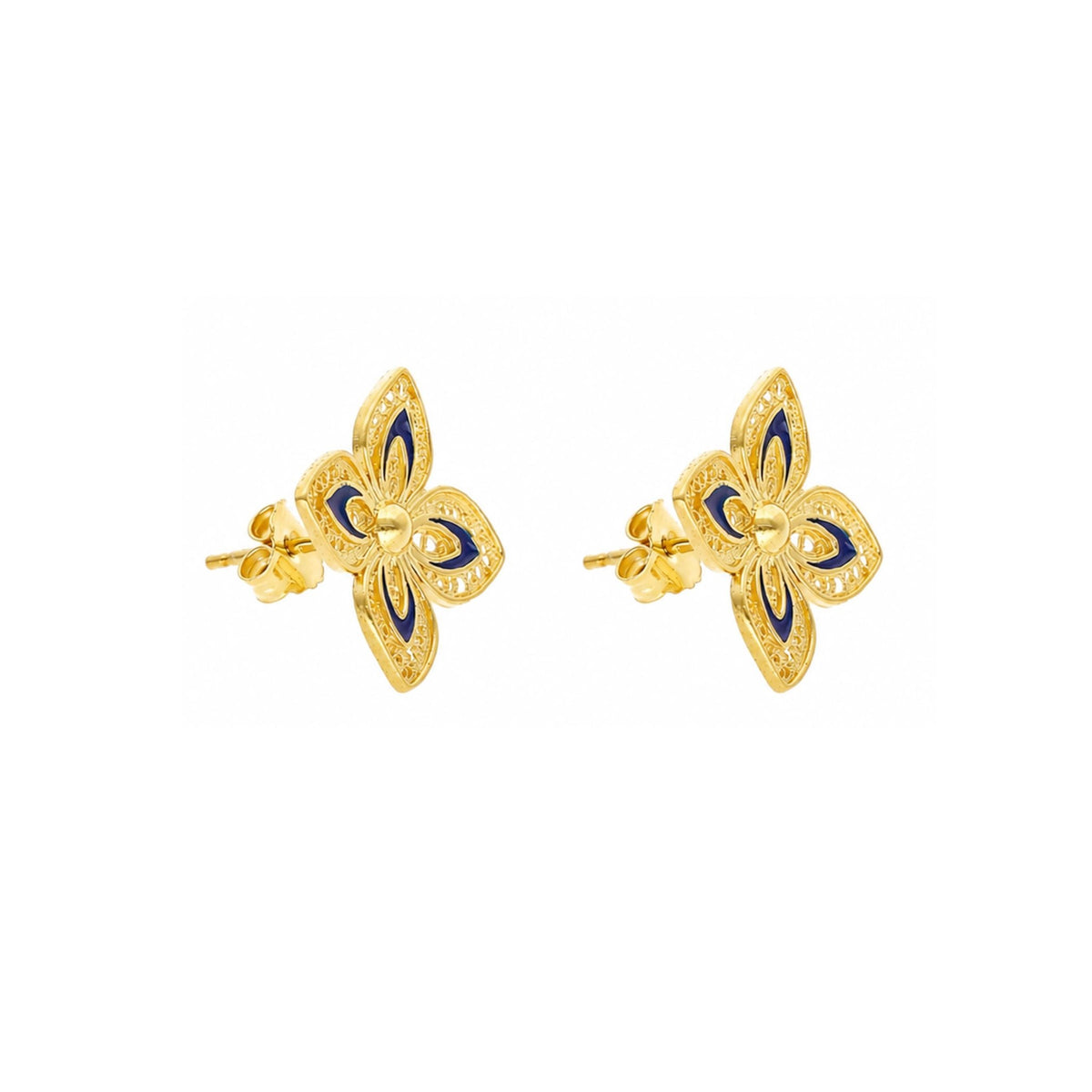 Brincos Flor em Prata Dourada e Esmalte Azul - Loja do Ouro