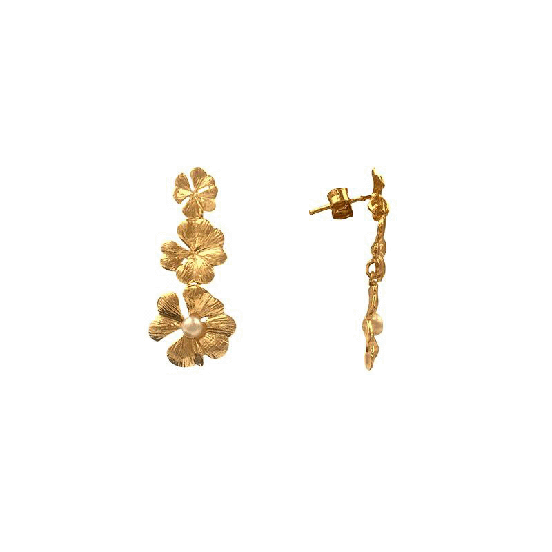 Brincos Flores em Prata Dourada com Pérola - Loja do Ouro