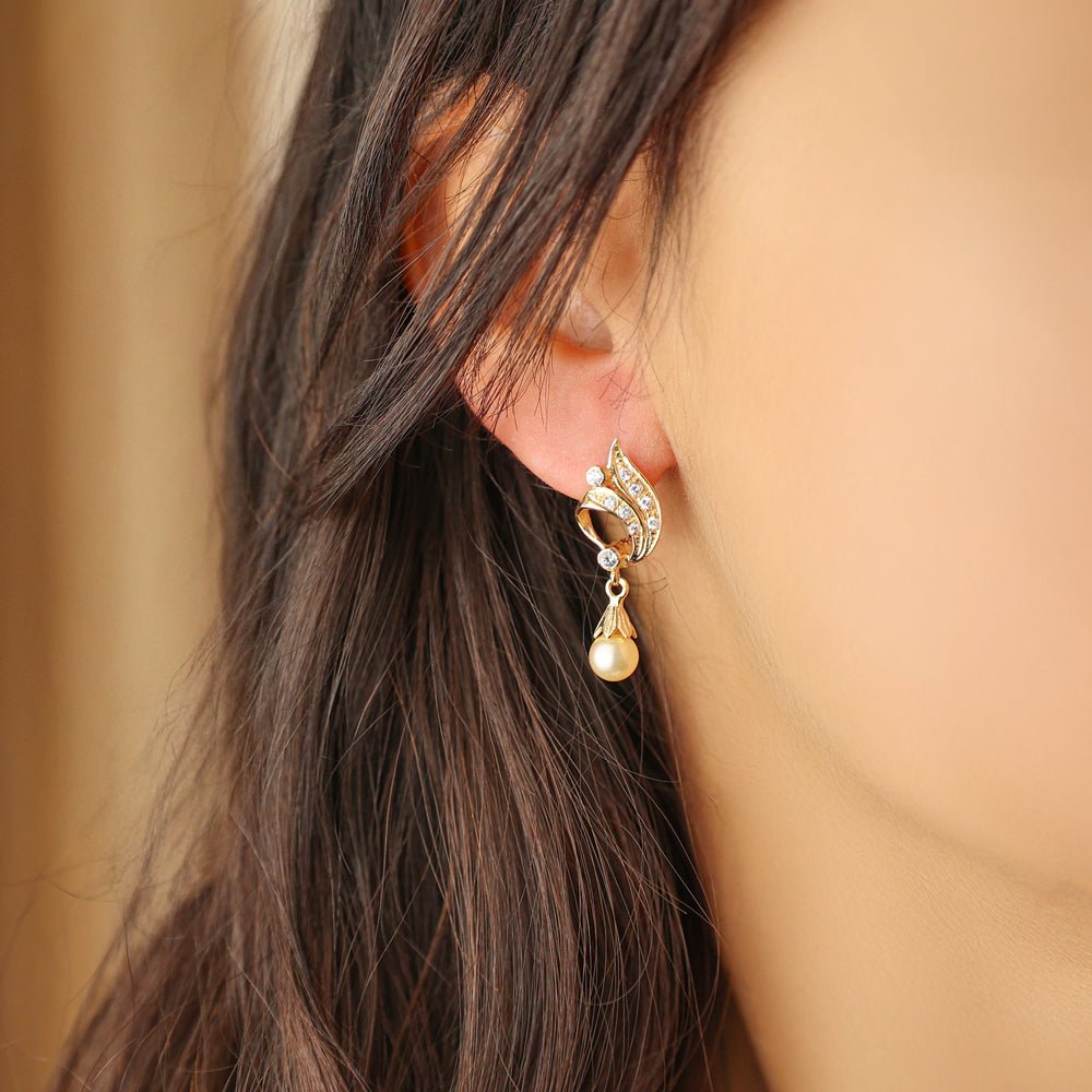 Brincos Folha com Pérola e Zircónias em Ouro 19kl - Loja do Ouro