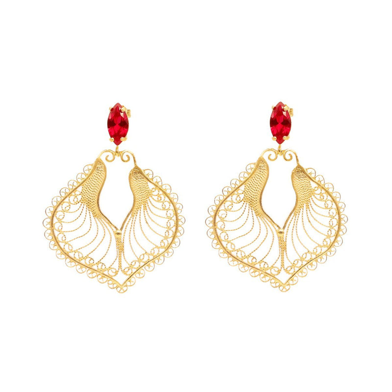 Brincos Harpa em Prata Dourada com Pedra Vermelha - Loja do Ouro