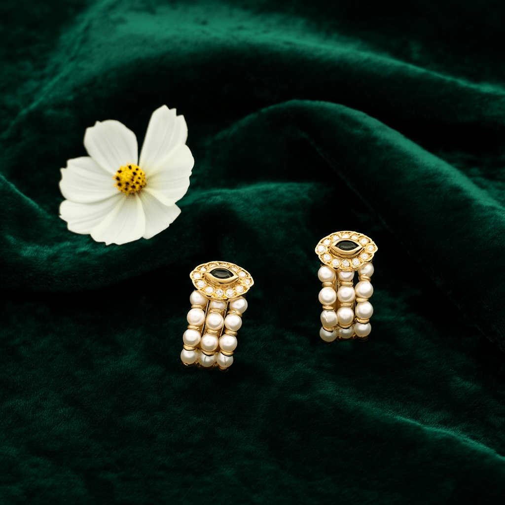 Brincos Pendente em Ouro 19kl com Pérolas, Zircónias e Pedra Preta - Loja do Ouro