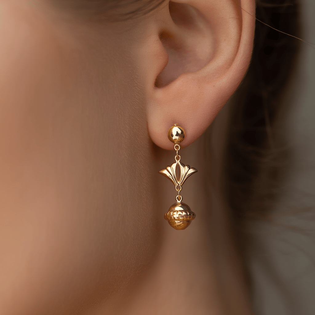 Pendientes colgantes de oro de 19 kl con bola y abanico - Gold Store Premium