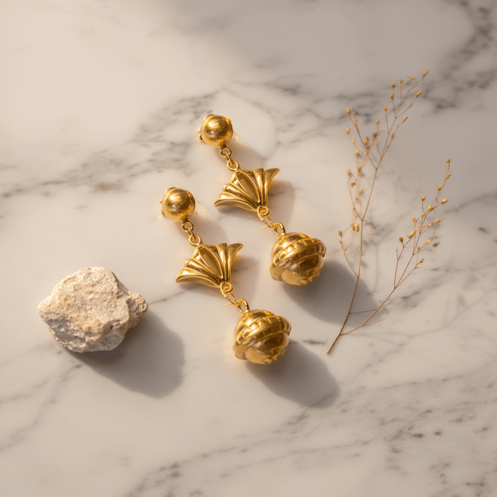Pendientes colgantes de oro de 19 kl con bola y abanico - Gold Store Premium