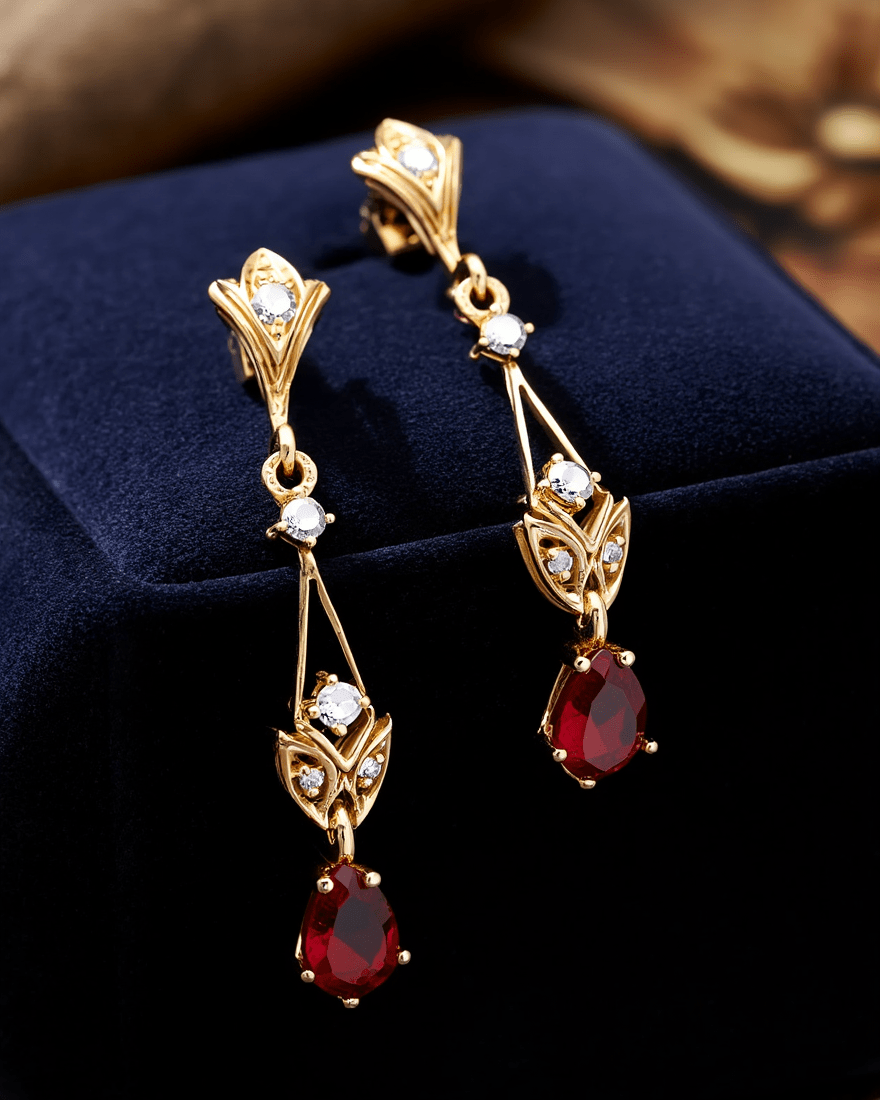 Brincos Pendentes em Ouro 19kl com Rubi e Diamantes (3.2cm) - Loja do Ouro