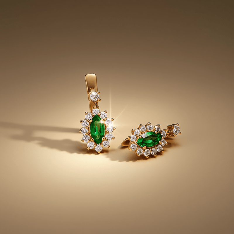 Brincos Princesa em Ouro 19kl com Esmeralda e Diamantes - Loja do Ouro