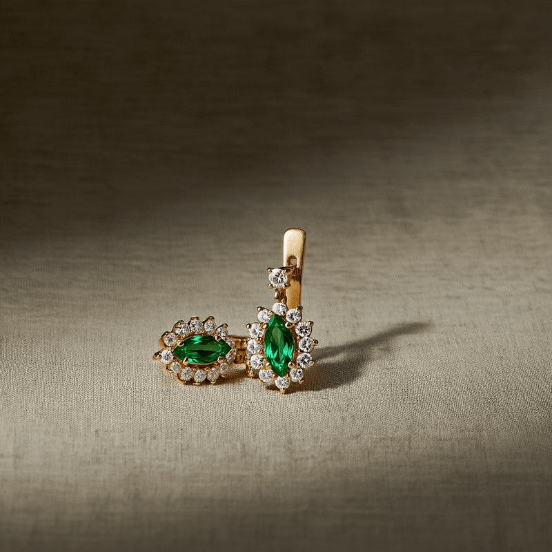 Brincos Princesa em Ouro 19kl com Esmeralda e Diamantes - Loja do Ouro