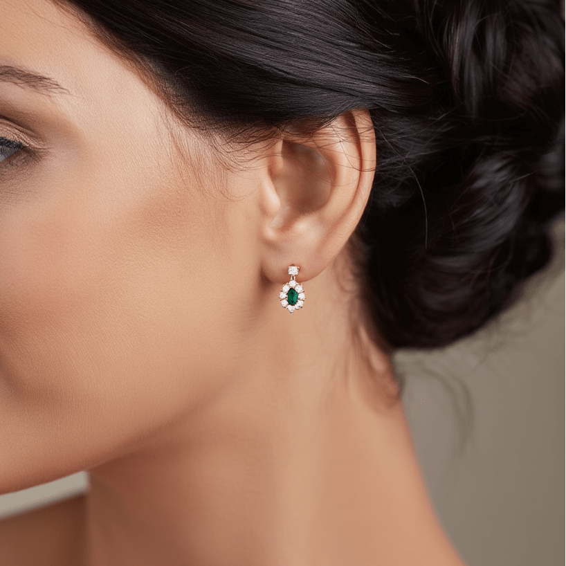 Brincos Princesa em Ouro 19kl com Esmeralda e Diamantes - Loja do Ouro