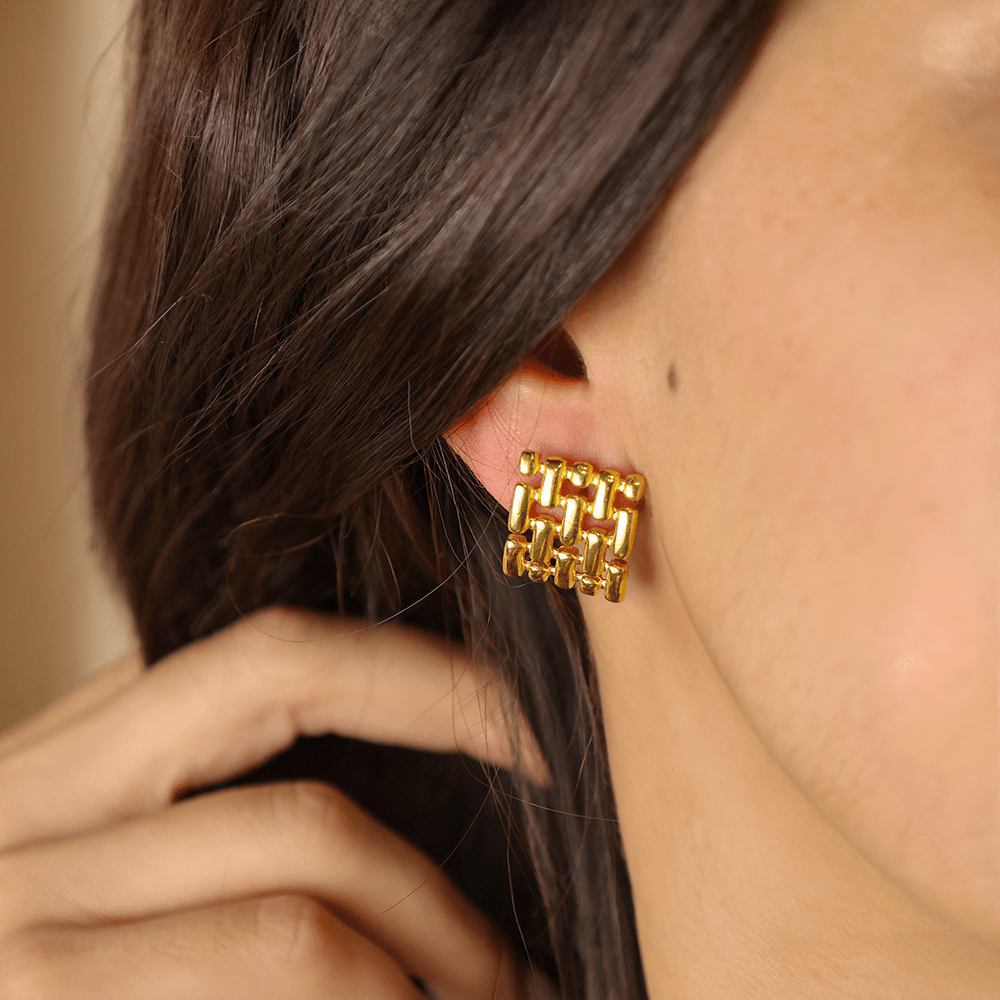 Brincos Quadrados Corrente em Prata Dourada - Loja do Ouro