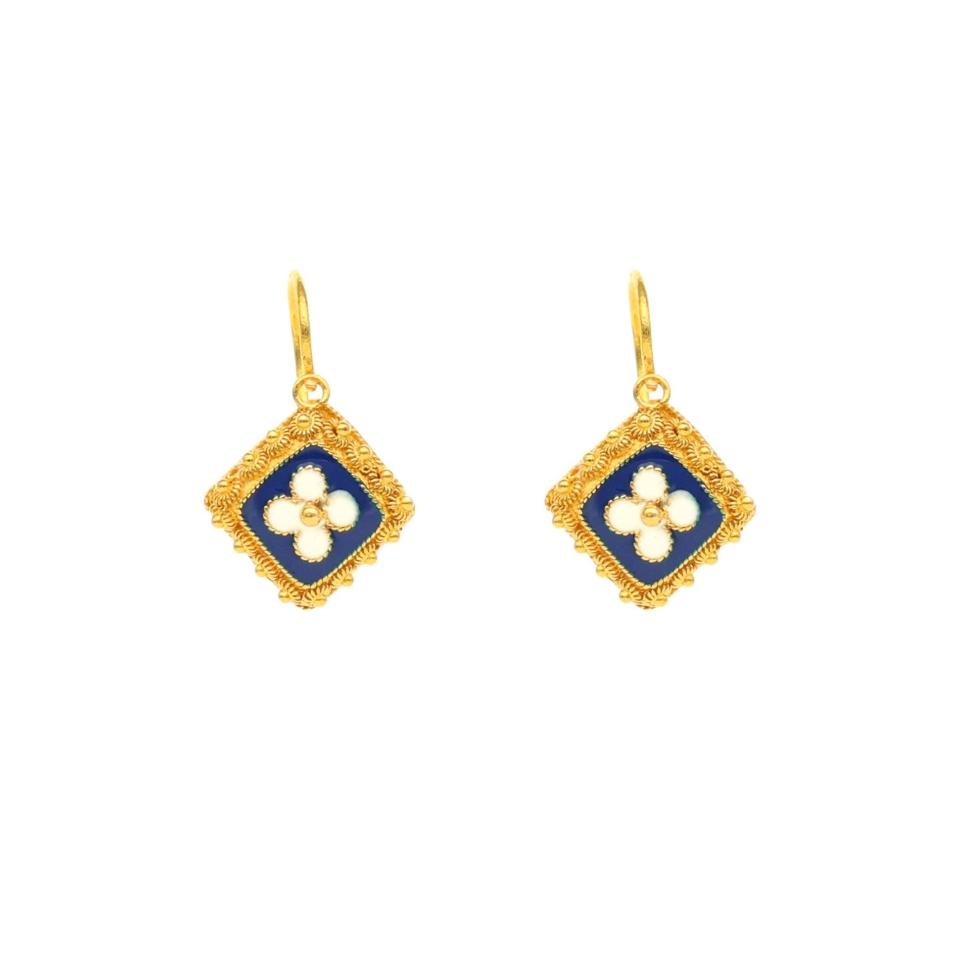 Brincos Quadrados em Ouro 19kl com Caramujos e Esmalte Azul (1.4cm) - Loja do Ouro
