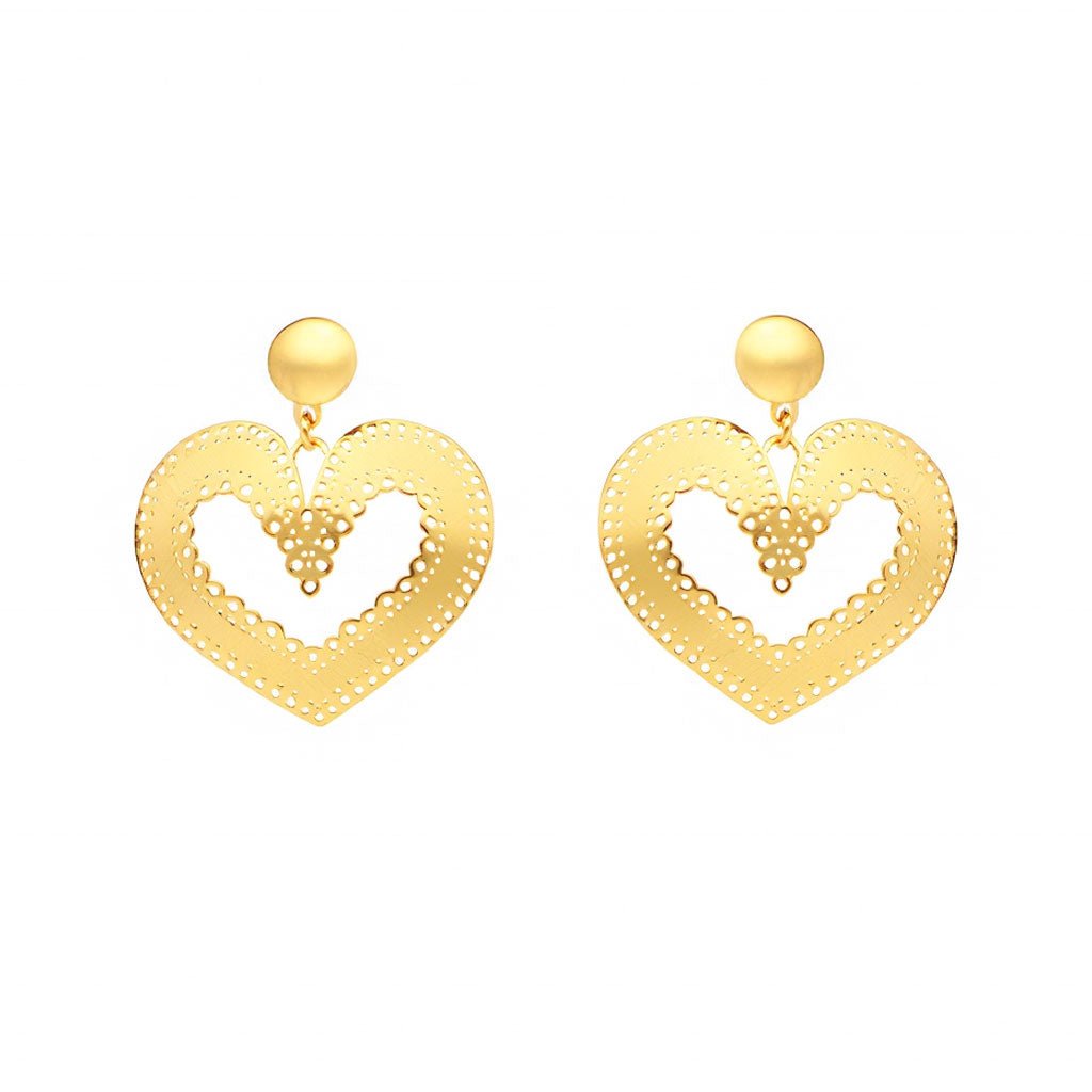 Brincos Reflexo Coração em Prata Dourada (3.5cm) - Loja do Ouro