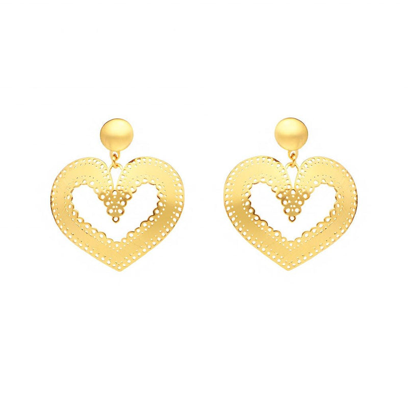 Brincos Reflexo Coração em Prata Dourada (3.5cm) - Loja do Ouro