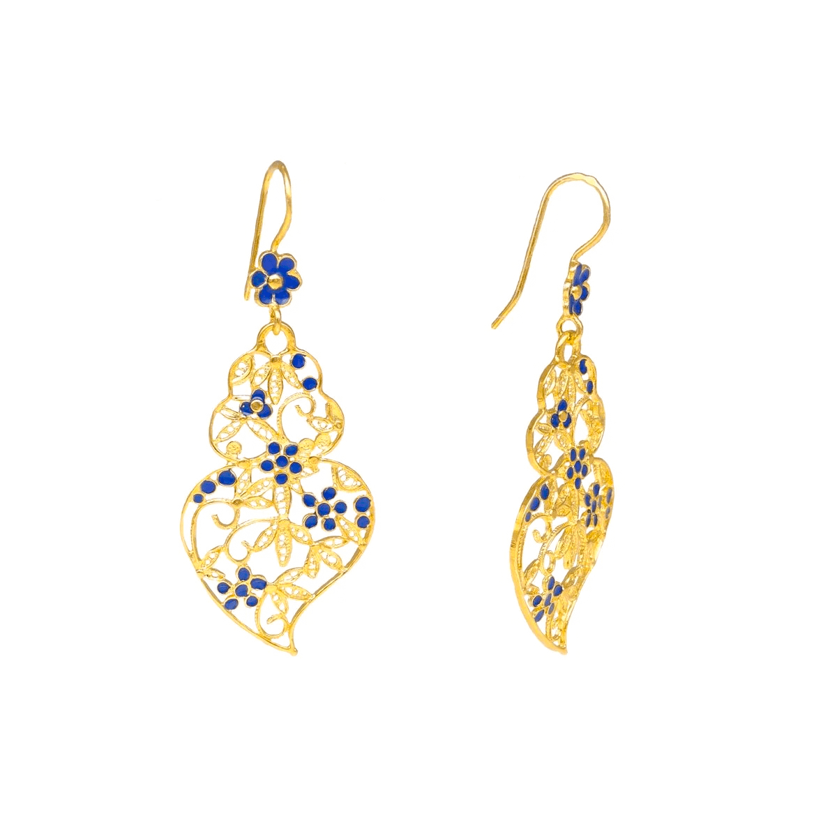 Brincos Tradição com Coração de Viana em Prata Dourada e Esmalte Azul - Loja do Ouro