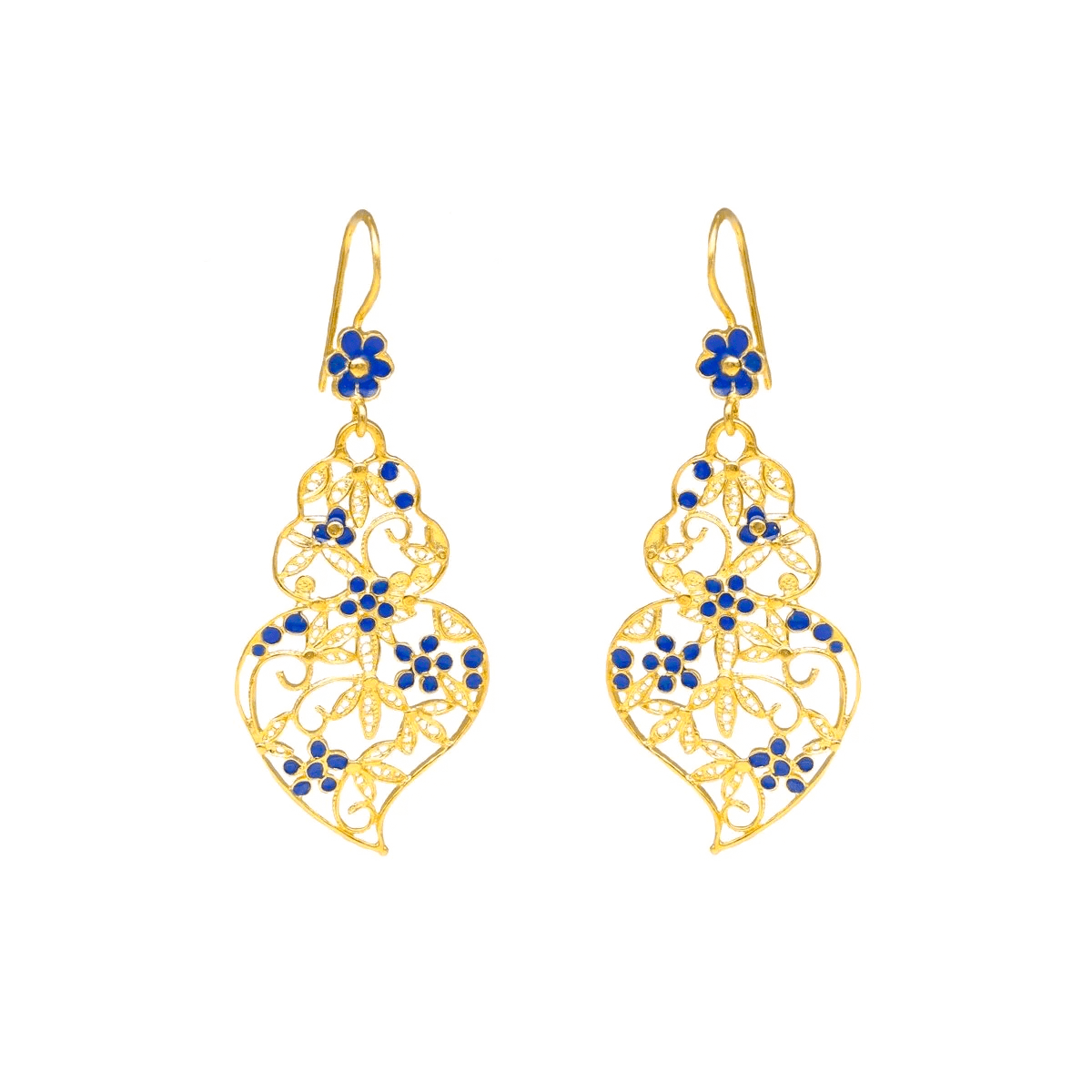 Brincos Tradição com Coração de Viana em Prata Dourada e Esmalte Azul - Loja do Ouro