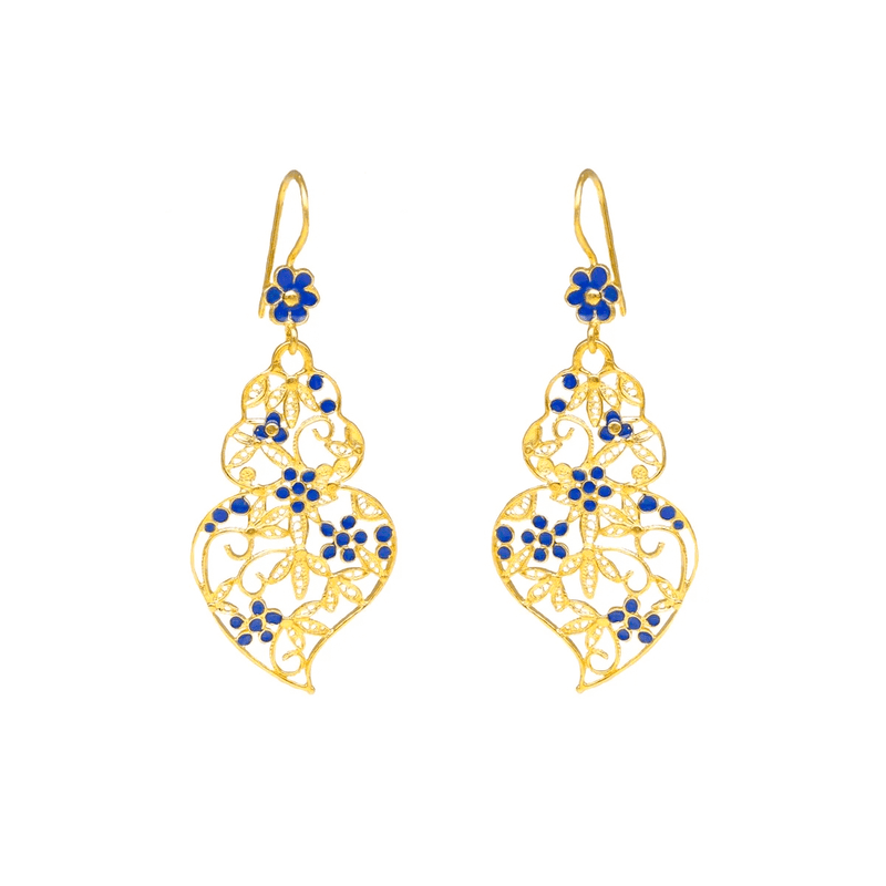 Brincos Tradição com Coração de Viana em Prata Dourada e Esmalte Azul - Loja do Ouro
