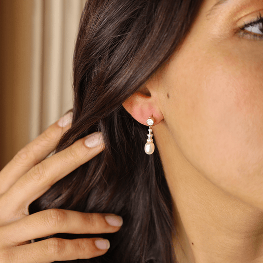 Brincos Vintage em Prata Dourada com Pérola e Zircónias - Loja do Ouro