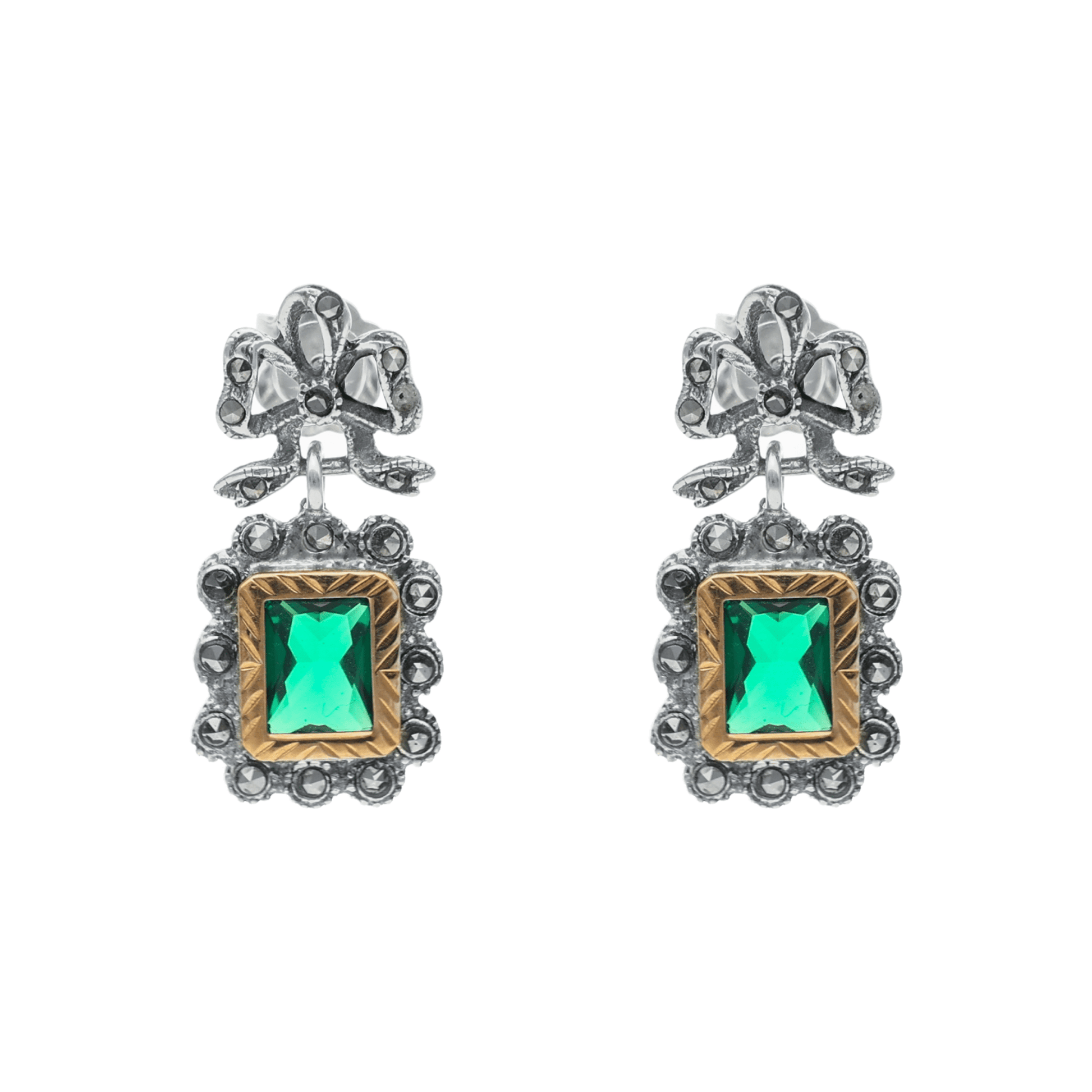 Brincos Vintage Quadrado em Prata com Pedra Verde - Loja do Ouro