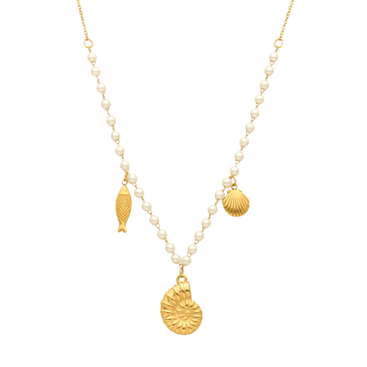 Colar Búzio em Aço Dourado com Pérolas - Loja do Ouro