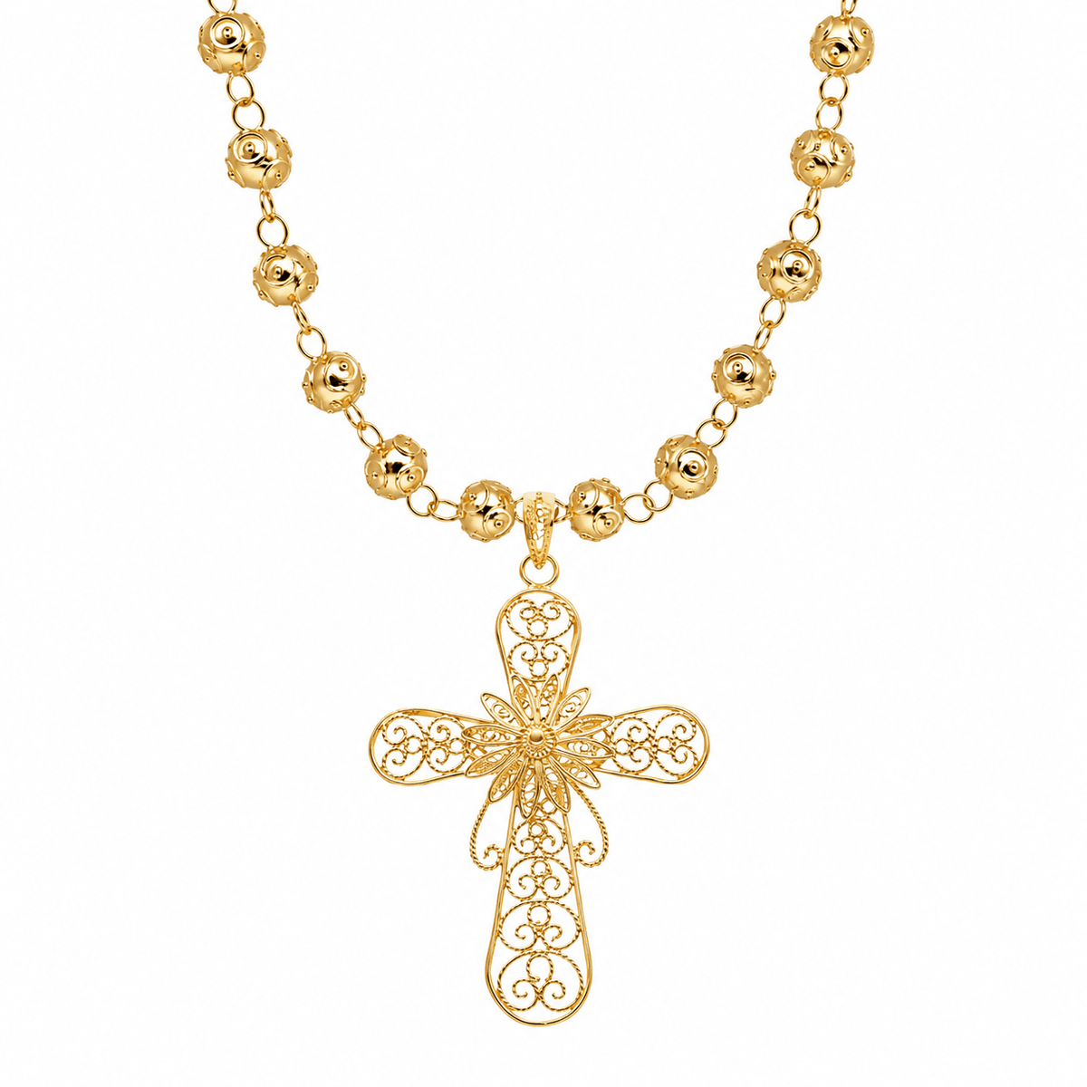 Colar Contas de Viana em Prata Dourada com Crucifixo Filigrana - Loja do Ouro