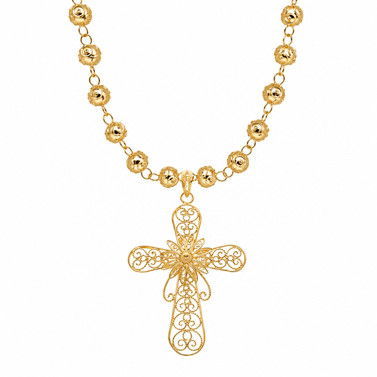 Colar Contas de Viana em Prata Dourada com Crucifixo Filigrana - Loja do Ouro