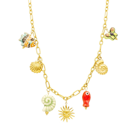 Colar Doris em Aço Dourado com Pendentes Verão - Loja do Ouro