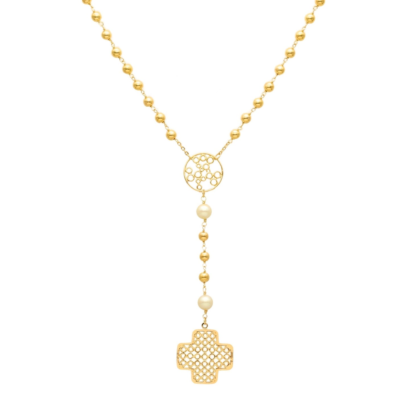 Colar em Ouro 19kl com Esferas, Pérolas e Cruz (52cm) - Loja do Ouro