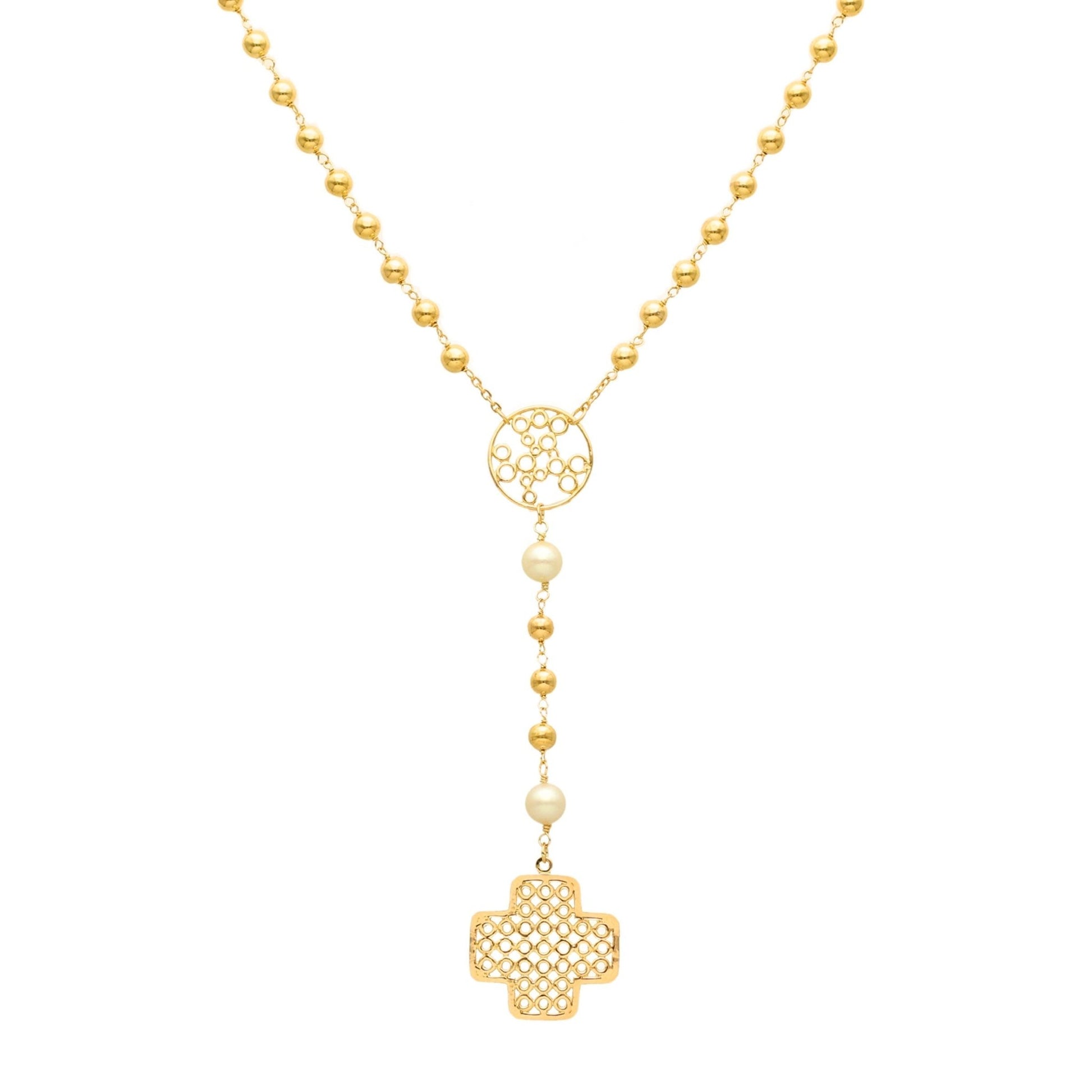 Colar em Ouro 19kl com Esferas, Pérolas e Cruz (52cm) - Loja do Ouro