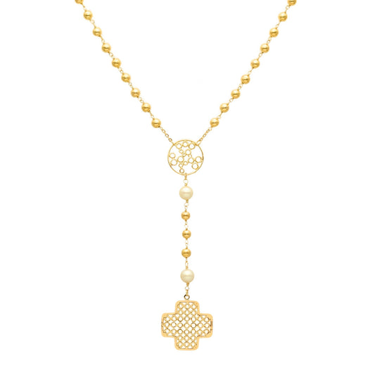 Colar em Ouro 19kl com Esferas, Pérolas e Cruz (52cm) - Loja do Ouro
