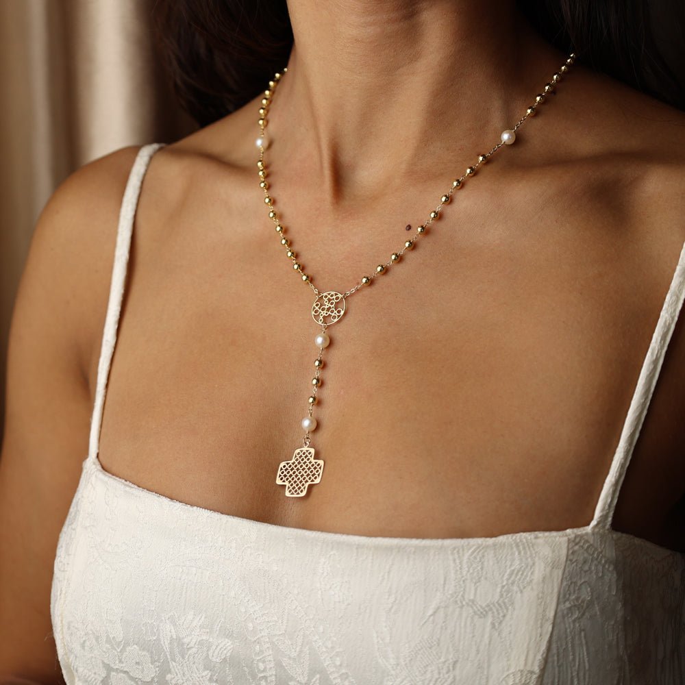 Colar em Ouro 19kl com Esferas, Pérolas e Cruz (52cm) - Loja do Ouro