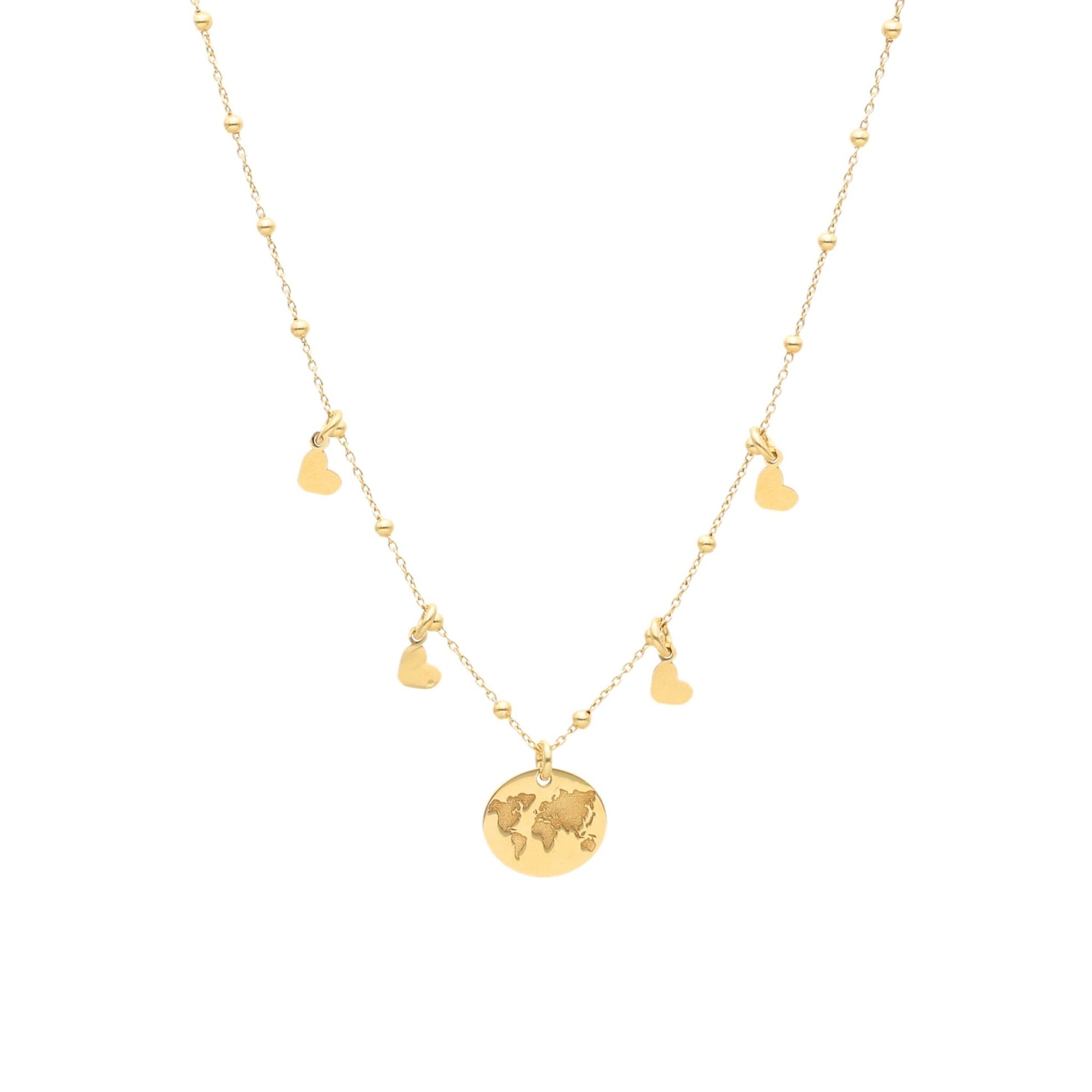 Colar em Prata Dourada com Mundo e Corações - Loja do Ouro