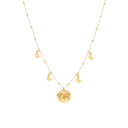 Colar em Prata Dourada com Mundo e Corações - Loja do Ouro