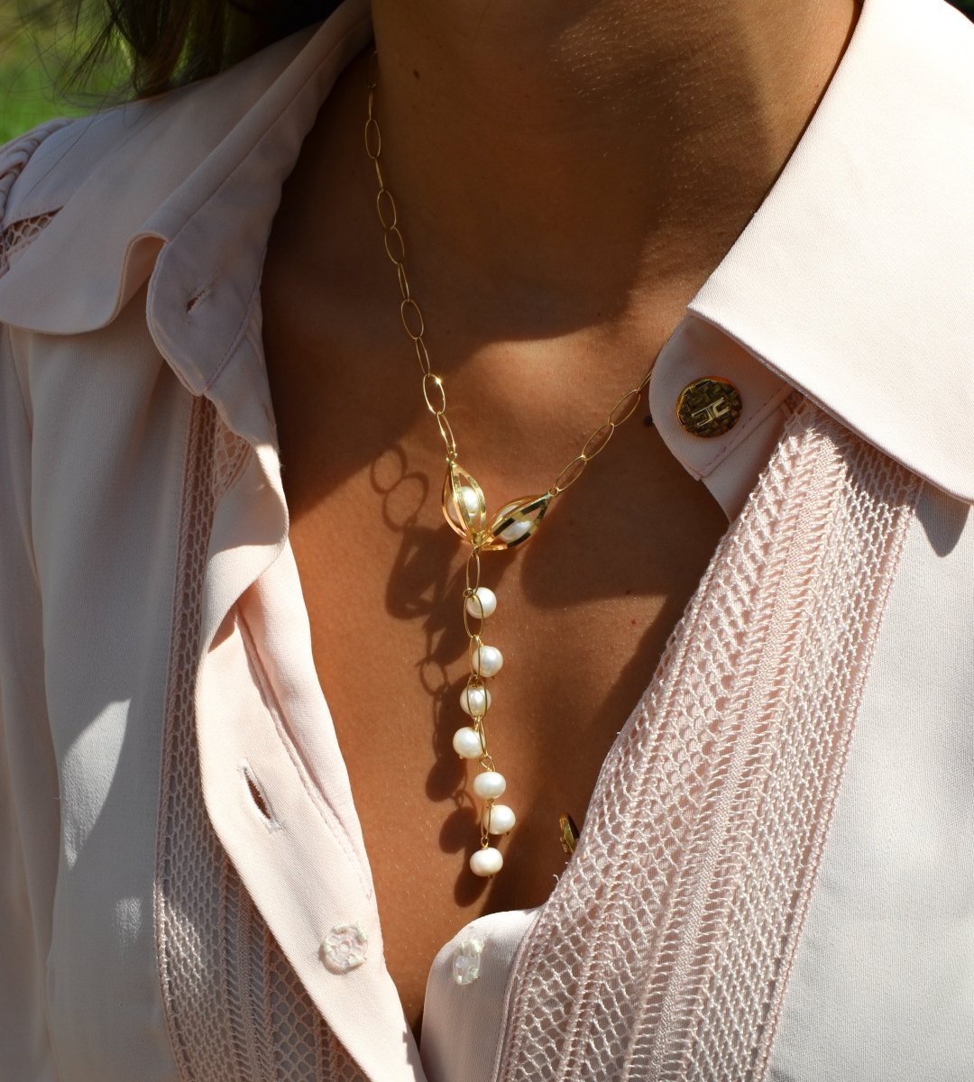 Collar Hollywood en oro 19kl con perlas - Gold Store Premium