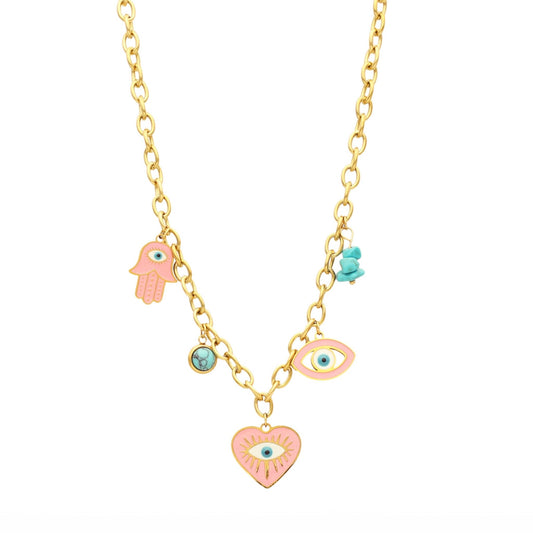 Colar Mystic Rose em Aço Dourado com Pendentes Olho Turco - Loja do Ouro