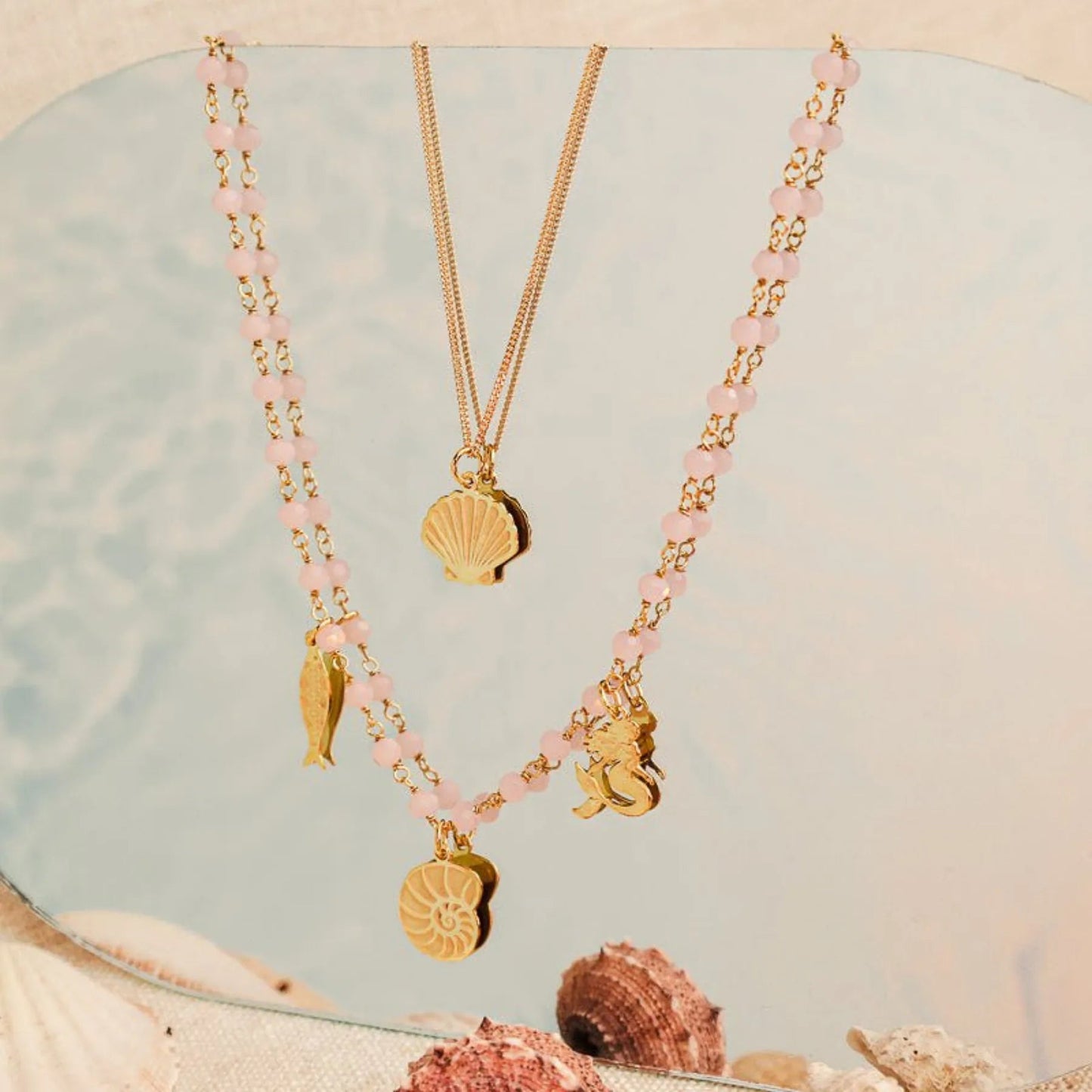 Colar Oceano em Prata Dourada e Contas Rosa - Loja do Ouro