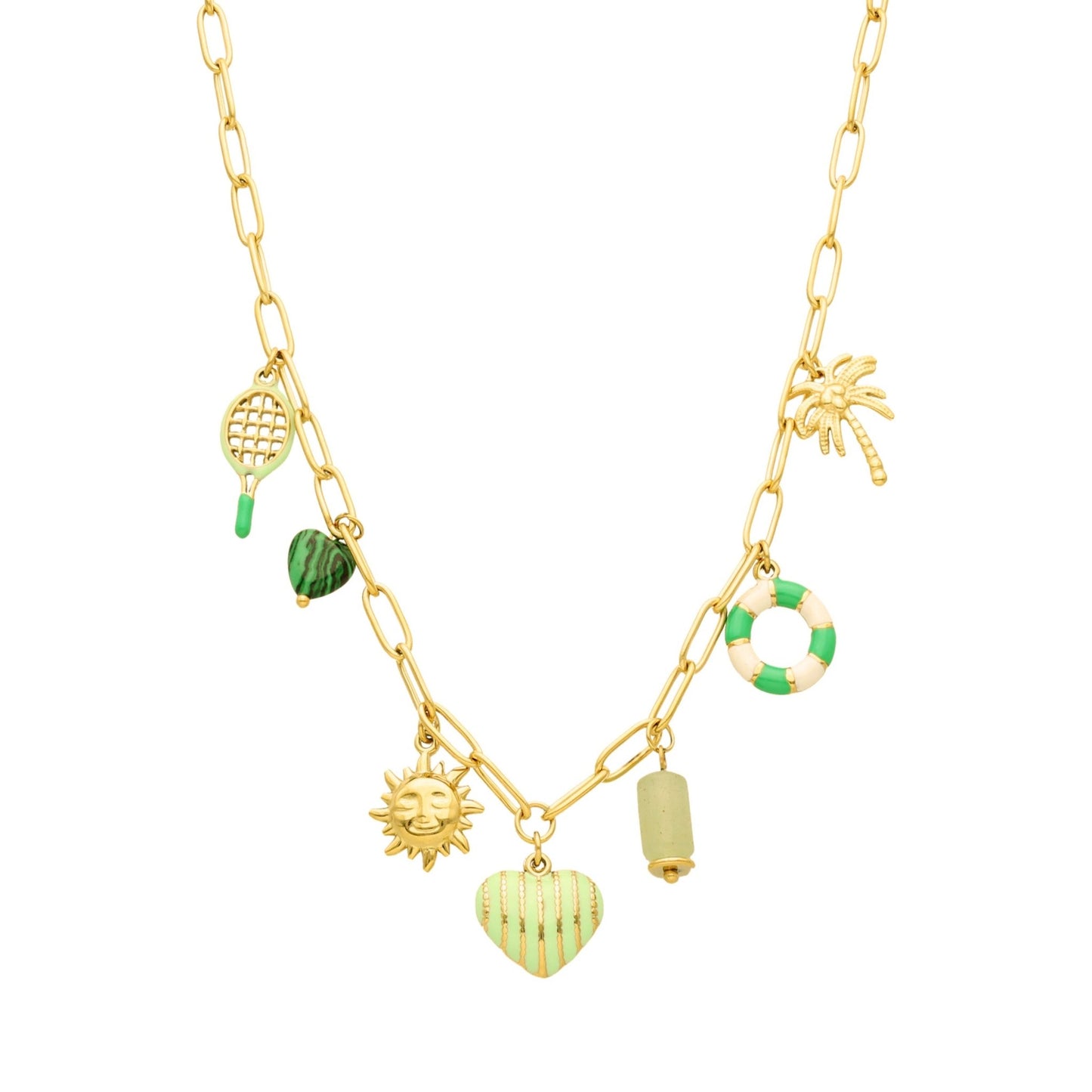 Colar Verano em Aço Dourado com Pendentes de Verão em Tons de Verde - Loja do Ouro