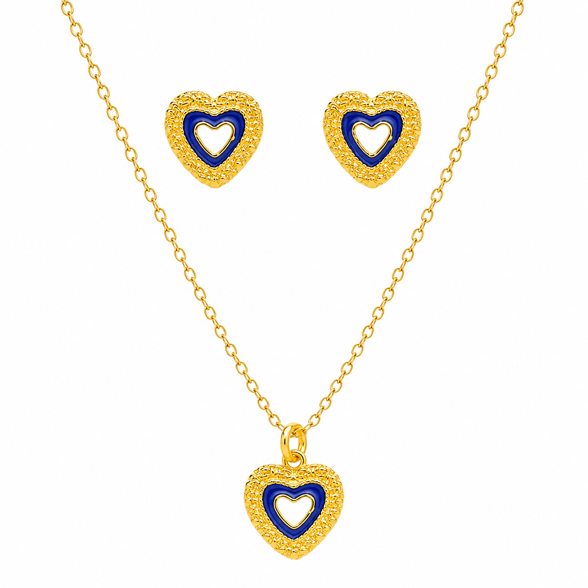 Conjunto Coração Caramujos em Prata com Esmalte Azul - Loja do Ouro