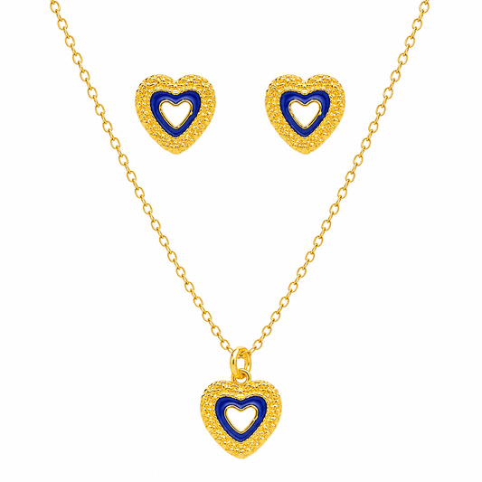 Conjunto Coração Caramujos em Prata com Esmalte Azul - Loja do Ouro