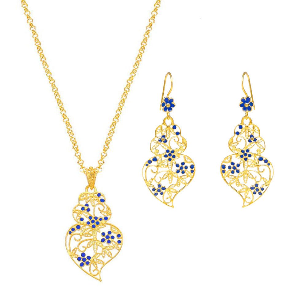Conjunto Coração de Viana em Prata Dourada e Esmalte Azul - Loja do Ouro