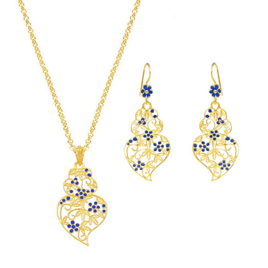 Conjunto Coração de Viana em Prata Dourada e Esmalte Azul - Loja do Ouro