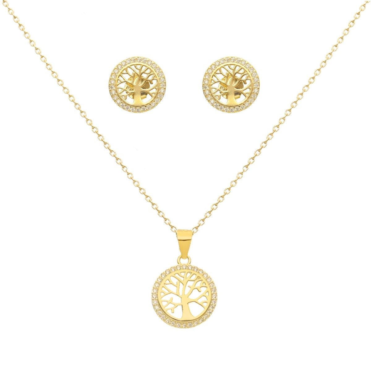 Conjunto Fio e Brincos Arvore da Vida em Prata Dourada e Zircónias - Loja do Ouro