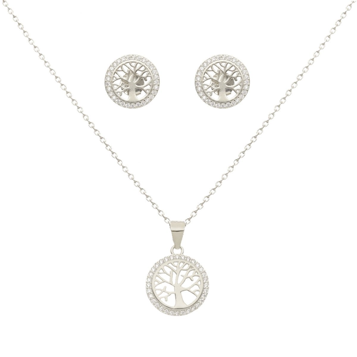 Conjunto Fio e Brincos Arvore da Vida em Prata e Zircónias - Loja do Ouro