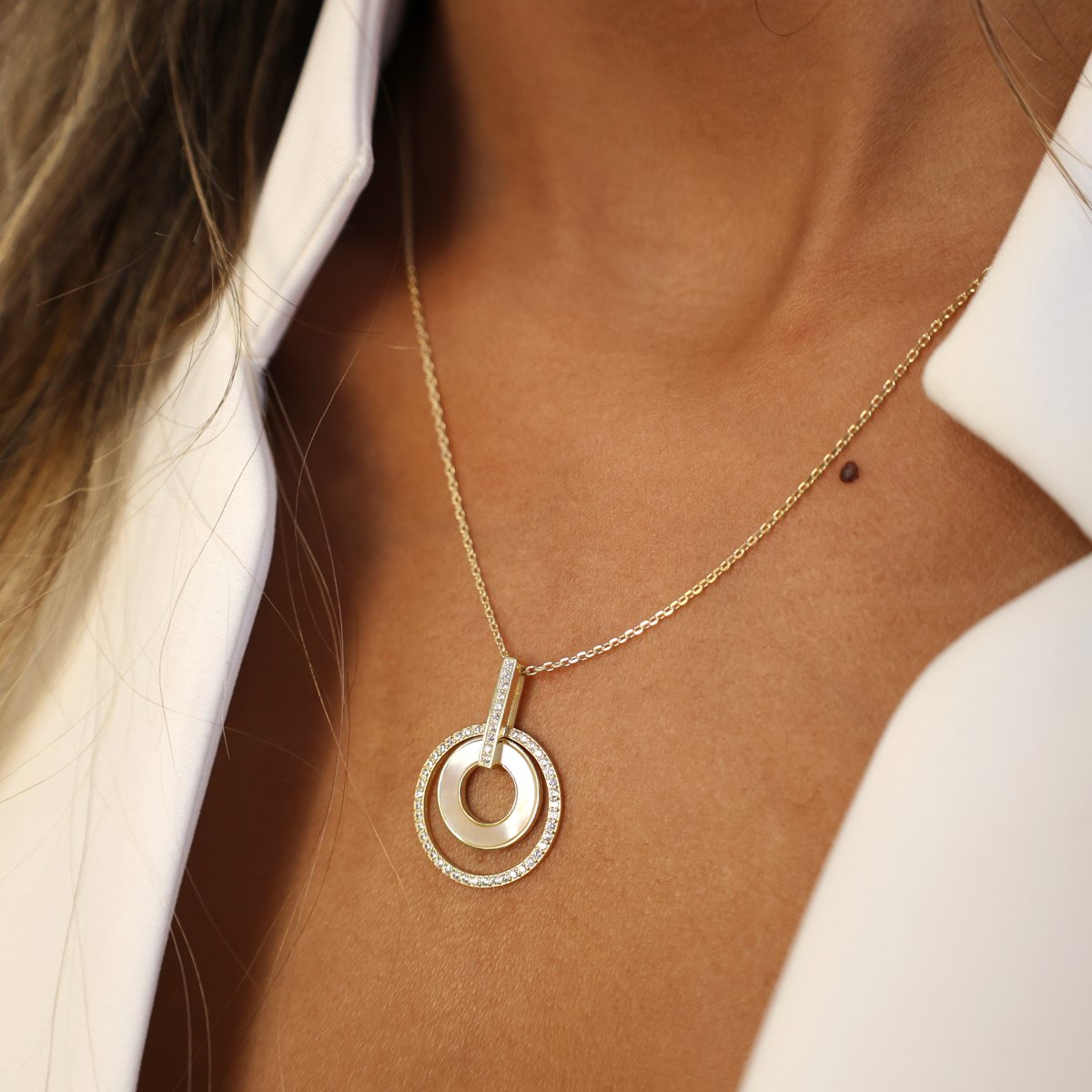 Conjunto Fio e Brincos Circulo Duplo em Prata com Madrepérola e Zircónias - Loja do Ouro