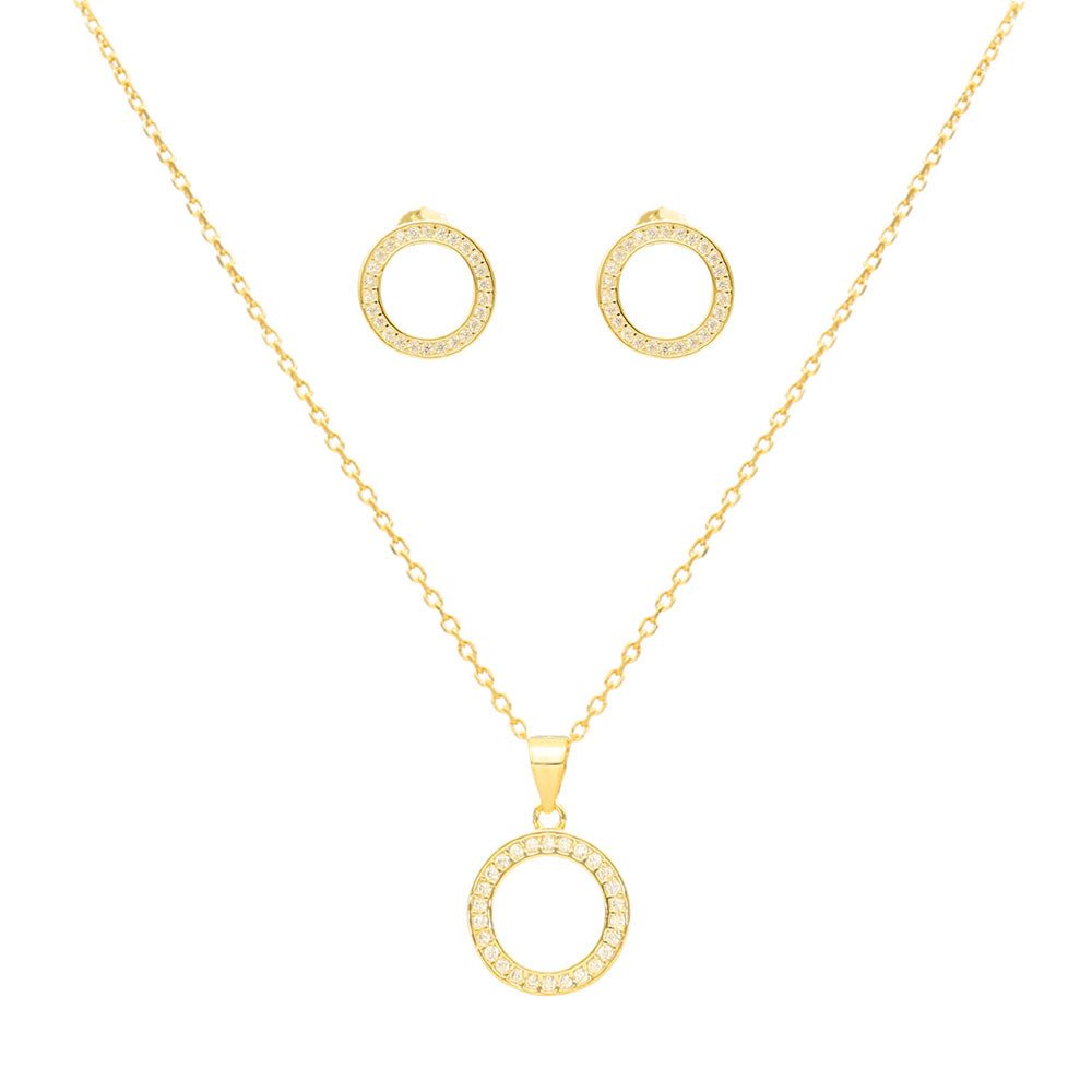 Conjunto Fio e Brincos com Círculo em Prata Dourada e Zircónias - Loja do Ouro