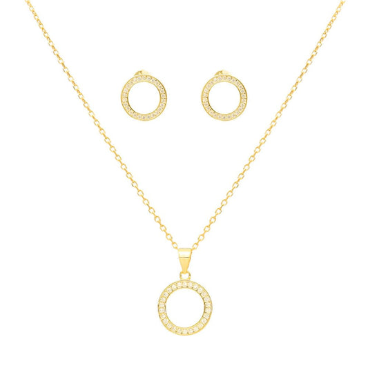 Conjunto Fio e Brincos com Círculo em Prata Dourada e Zircónias - Loja do Ouro