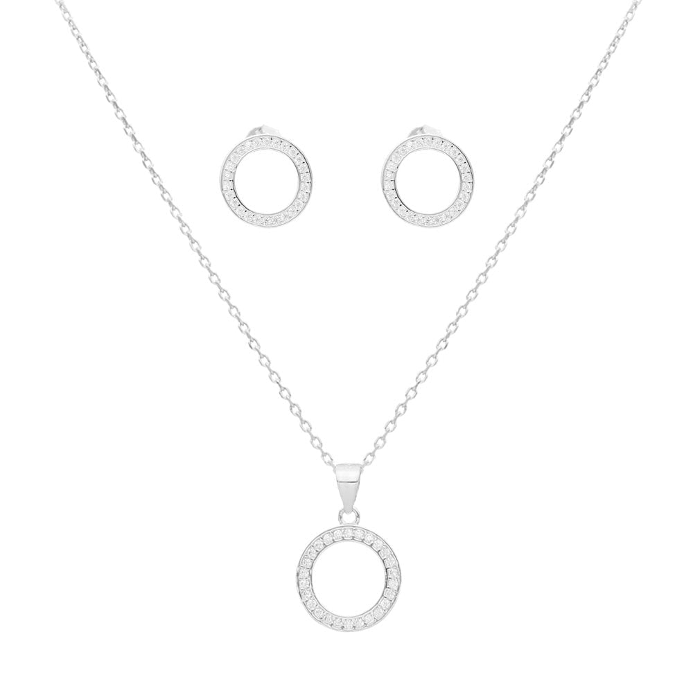 Conjunto Fio e Brincos com Círculo em Prata e Zircónias - Loja do Ouro