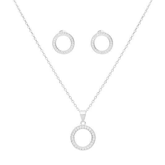 Conjunto Fio e Brincos com Círculo em Prata e Zircónias - Loja do Ouro