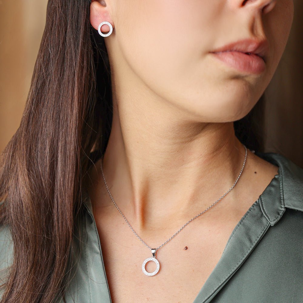 Conjunto Fio e Brincos com Círculo em Prata e Zircónias - Loja do Ouro