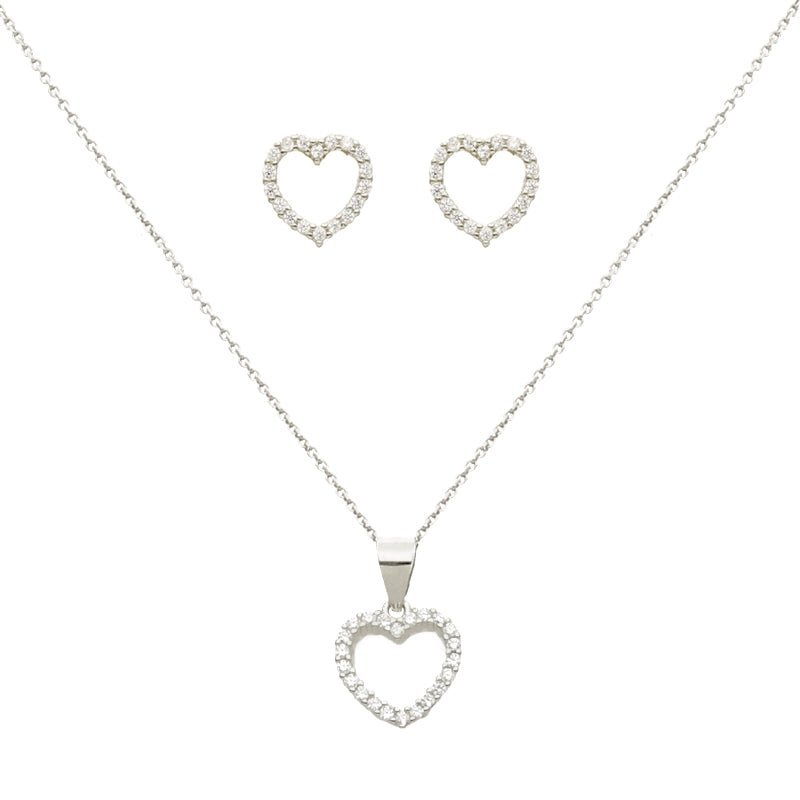 Conjunto Fio e Brincos em Prata com Coração e Zircónias - Loja do Ouro