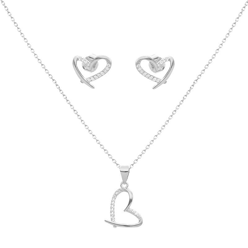 Conjunto Fio e Brincos em Prata com Coração Estilizado e Zircónias - Loja do Ouro